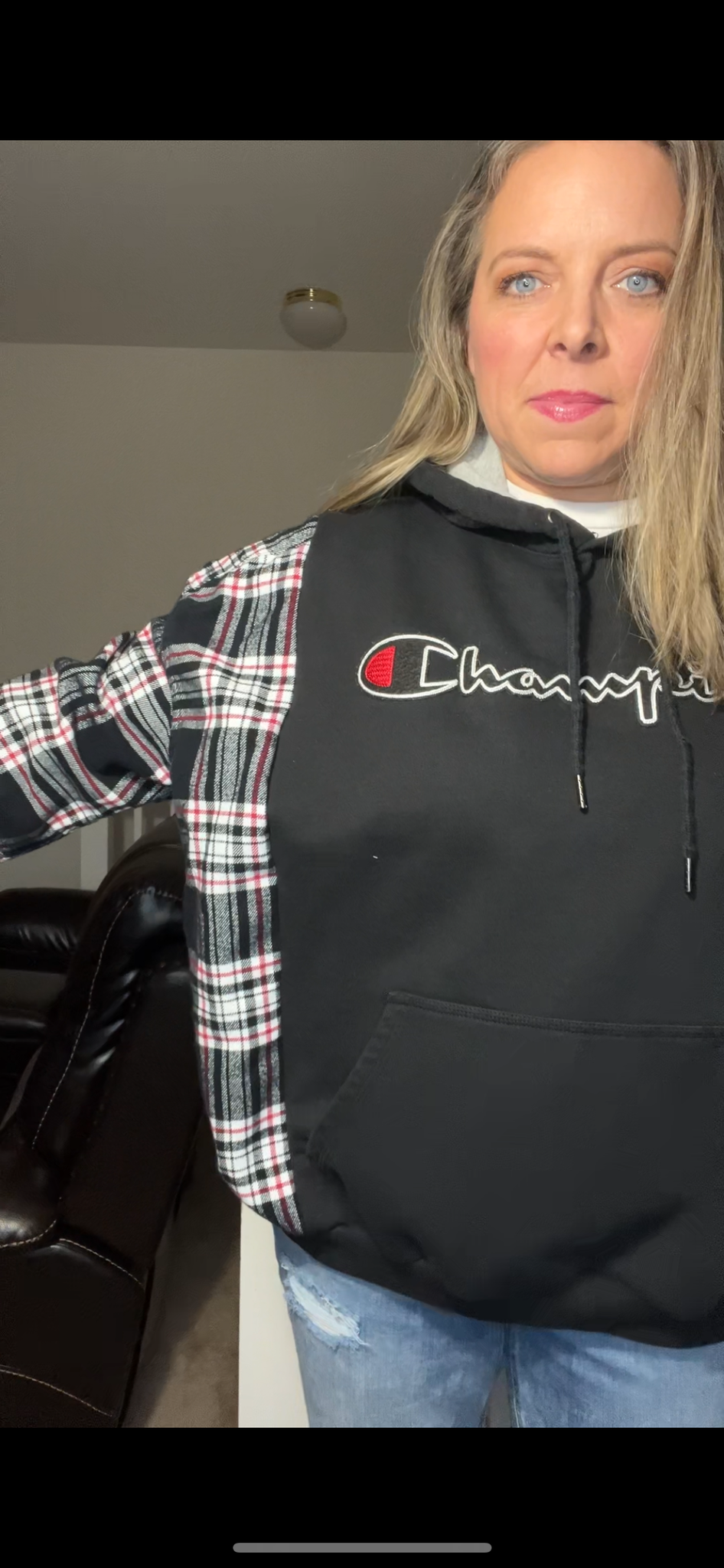 Upcycled Champion black – women’s large - thick sweatshirt with flannel sleeves – sleeves are more fitted￼