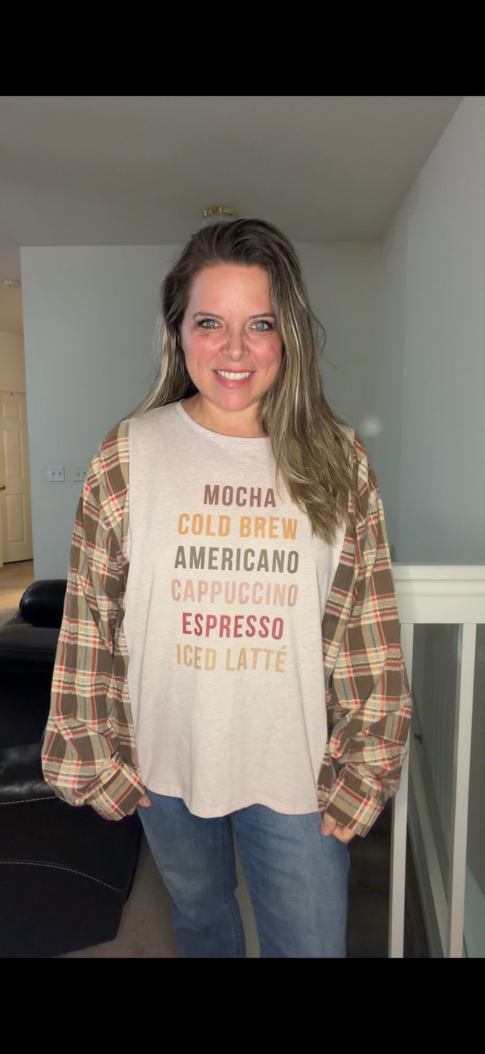 Upcycled Coffee - women's medium/large T-shirt with flannel sleeves