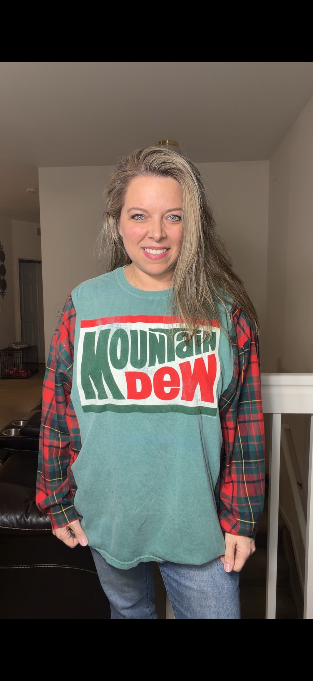 Upcycled Mountain Dew - women's 1X/2X T-shirt with thin flannel sleeves