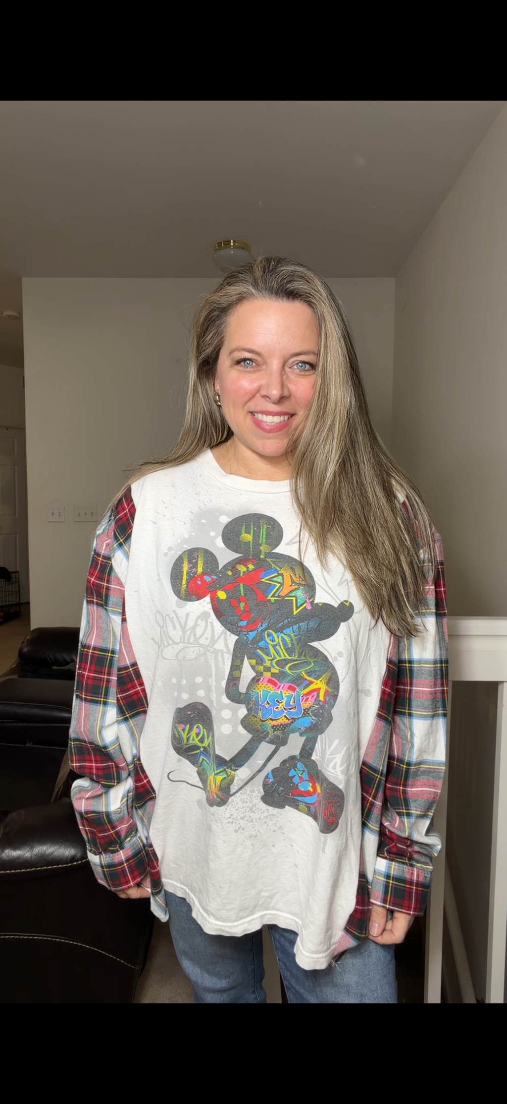Upcycled Graffiti Mickey – women's 2X/3X T-shirt with flannel sleeves