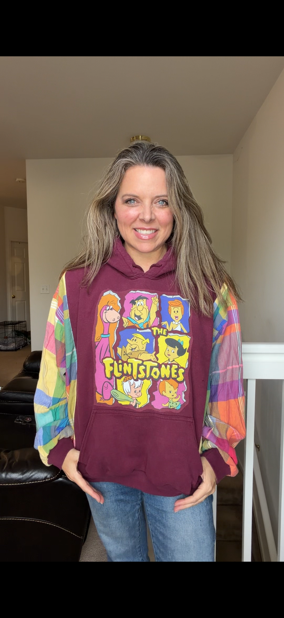 Upcycled Flinstones - women's large midweight sweatshirt with thin flannel sleeves
