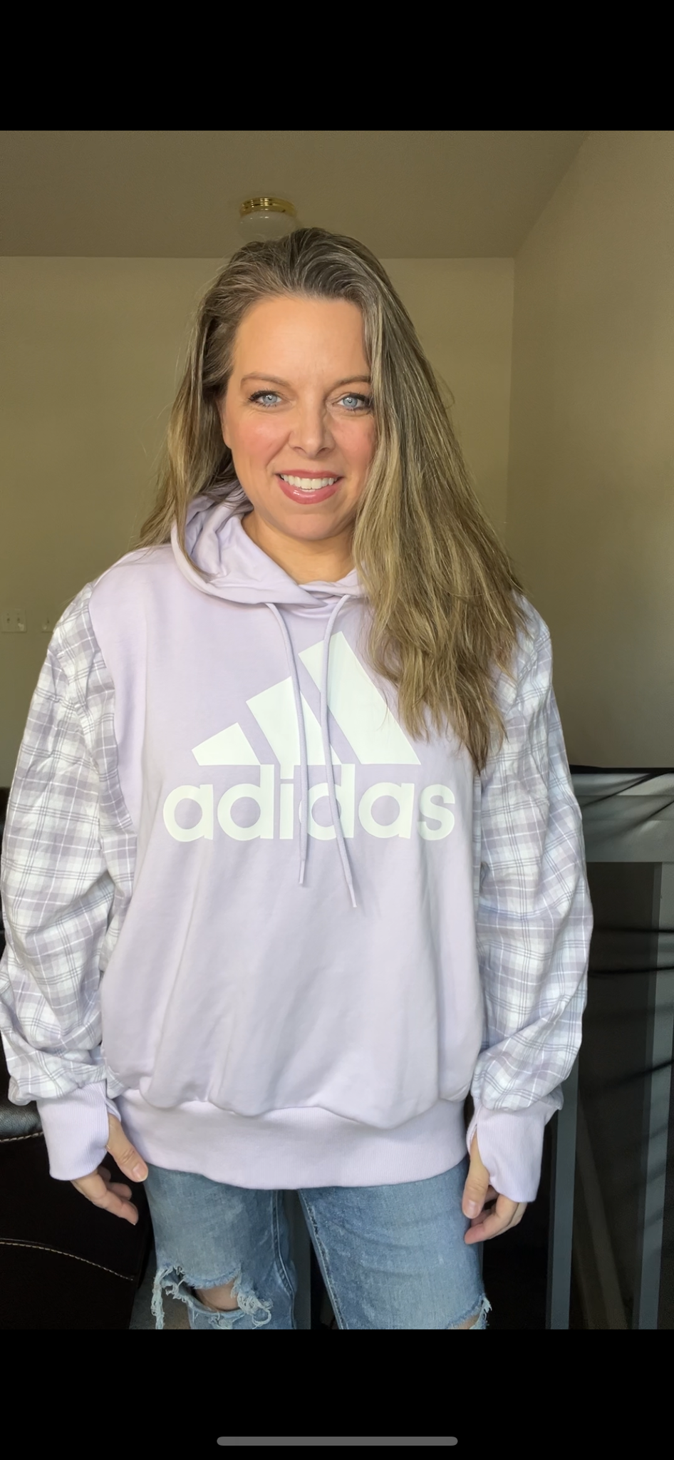 Upcycled Adidas purple – women’s 2X midweight sweatshirt with flannel sleeves￼
