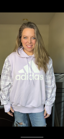 Upcycled Adidas purple – women’s 2X midweight sweatshirt with flannel sleeves￼
