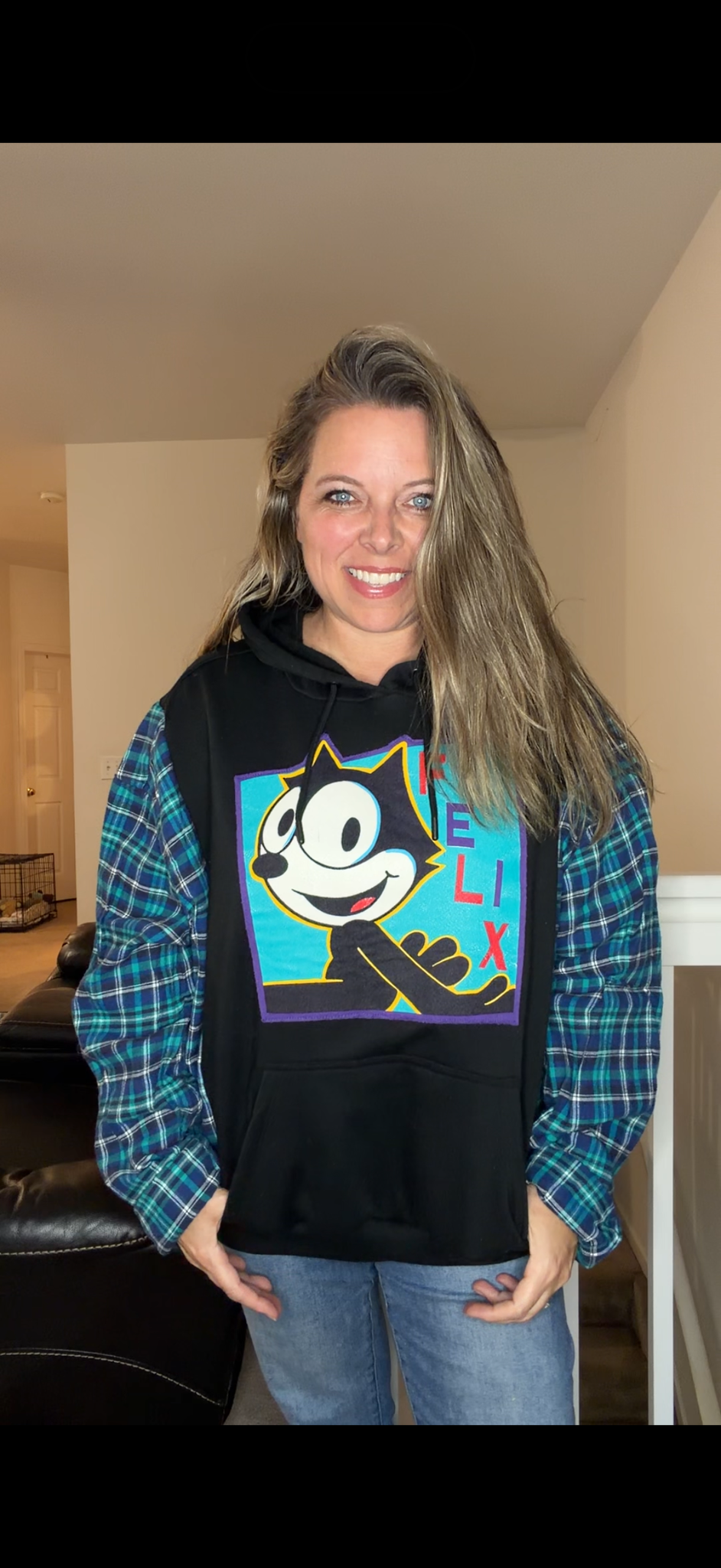 Upcycled Felix - women's XL/1X midweight Sweatshirt with flannel sleeves