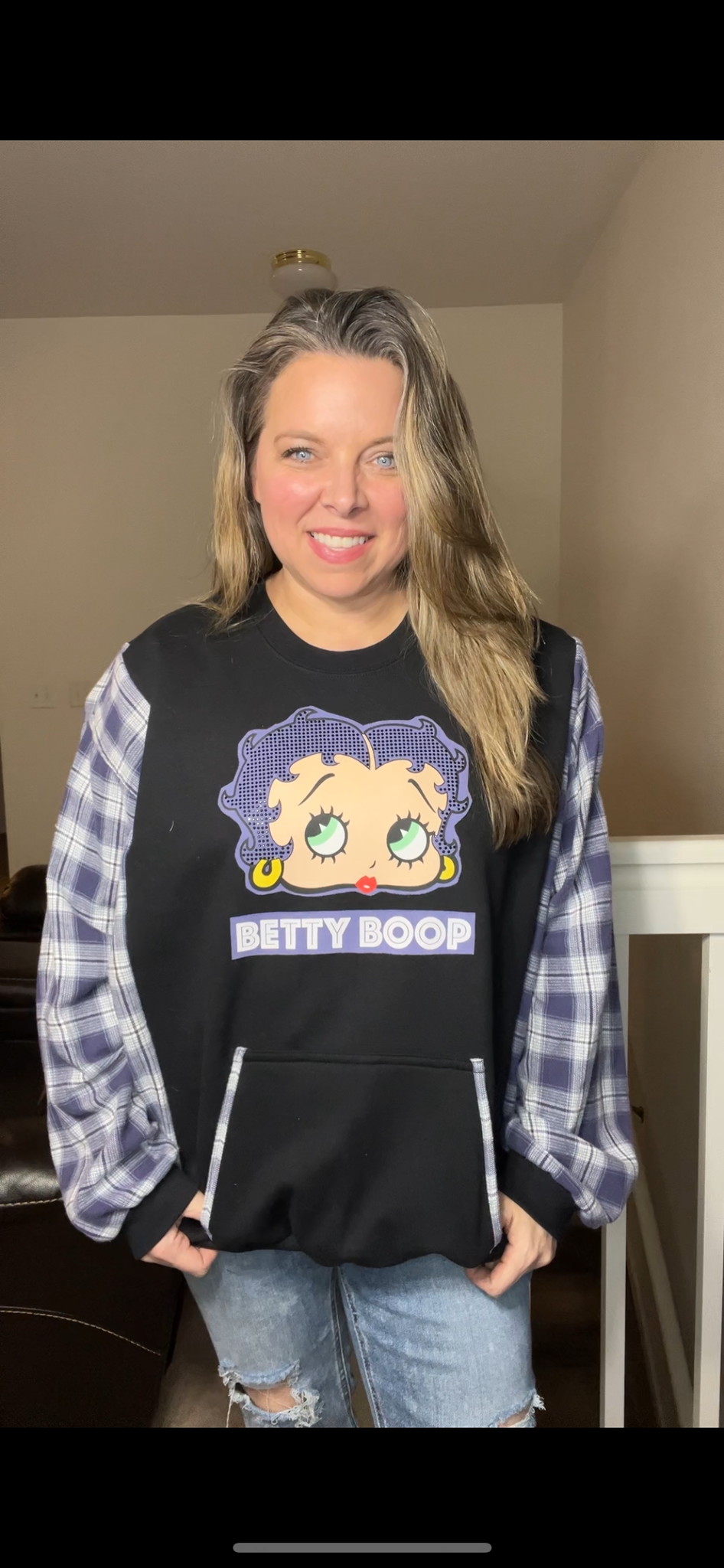 Upcycled Betty Boop – women’s 2X/3X – midweight sweatshirt with flannel sleeves