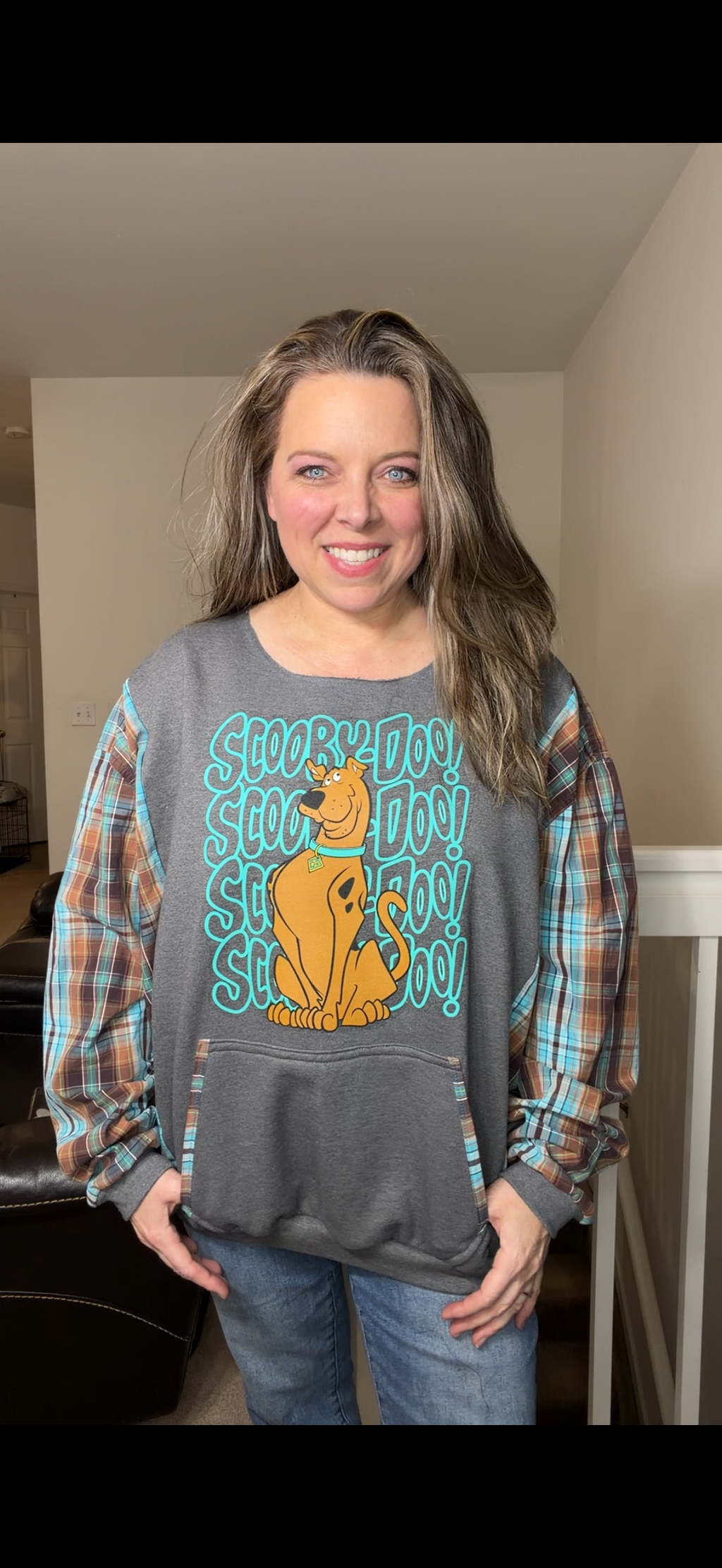 Upcycled Scooby Aqua - women's 2X midweight sweatshirt with cotton sleeves
