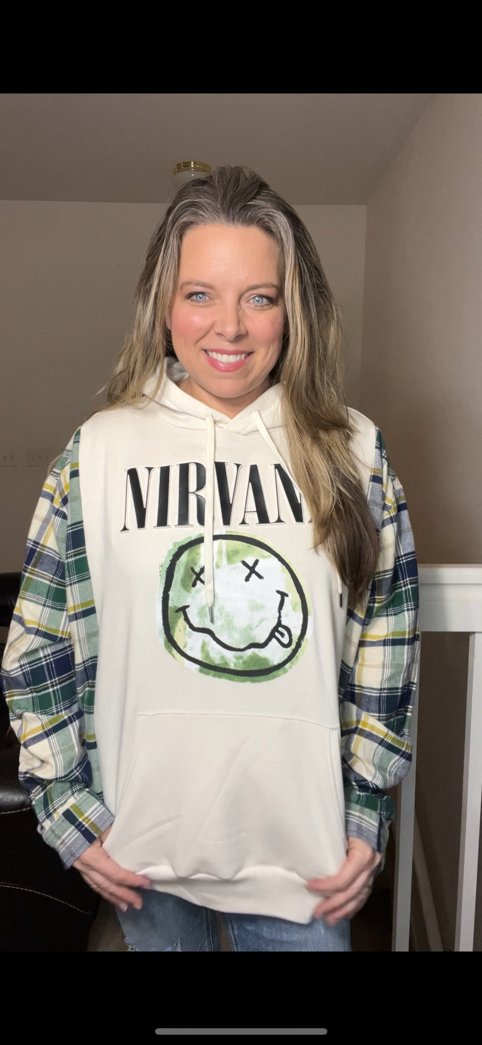 Upcycled Nirvana – women’s 2X/3X – midweight sweatshirt with flannel sleeves