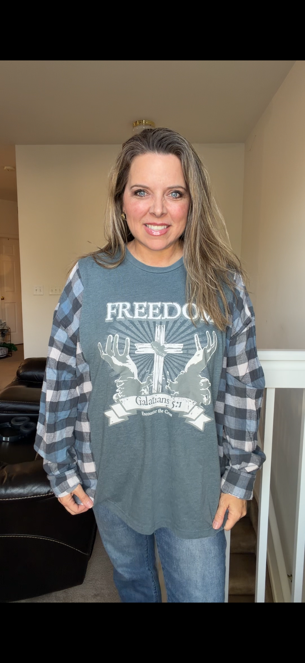 Upcycled Freedom - women's 2X T-shirt with flannel sleeves