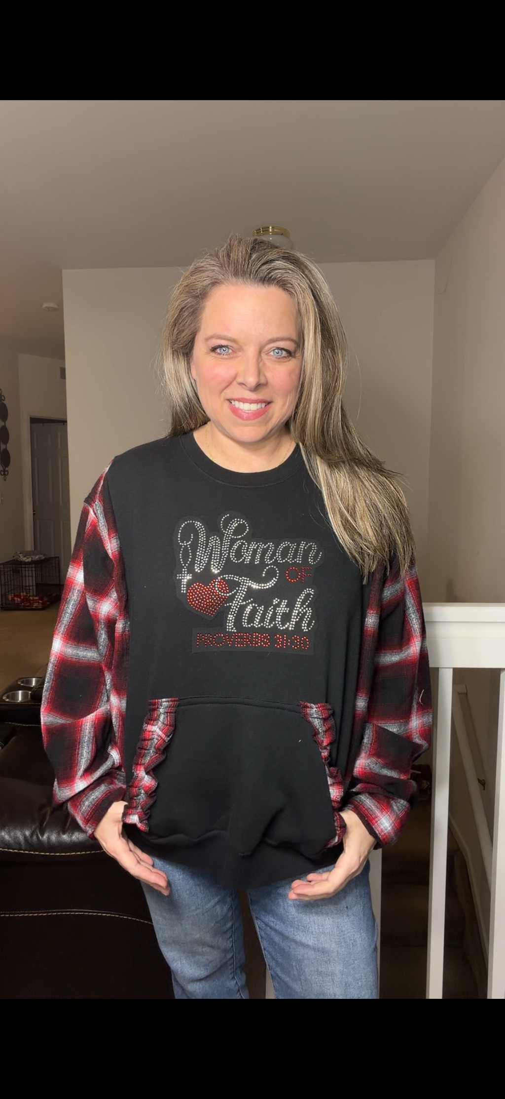 Upcycled Woman Faith - women's large/XL midweight sweatshirt with flannel sleeves