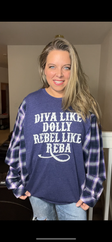 Upcycled Dolly – women’s 2X T-shirt with flannel sleeves