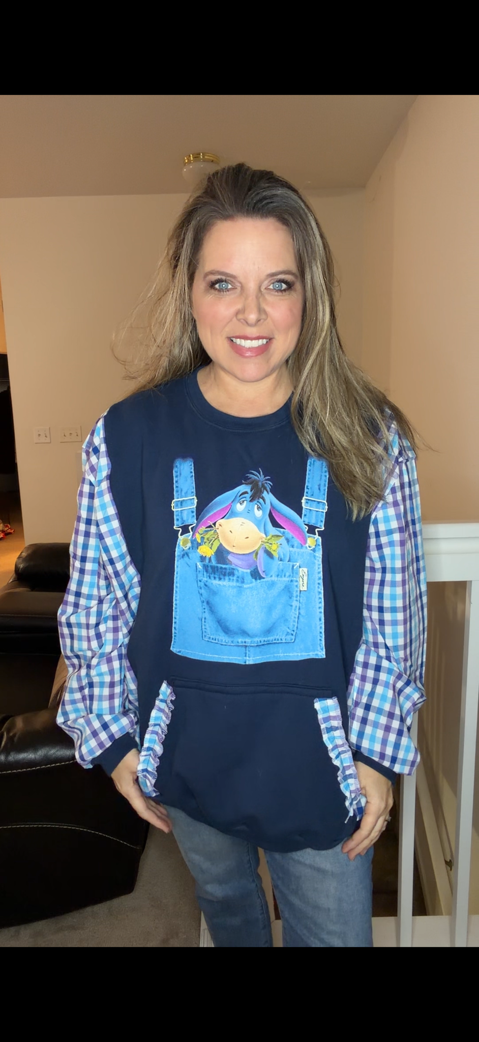 Upcycled Eeyore - women's 2X/3X midweight Sweatshirt with cotton sleeves