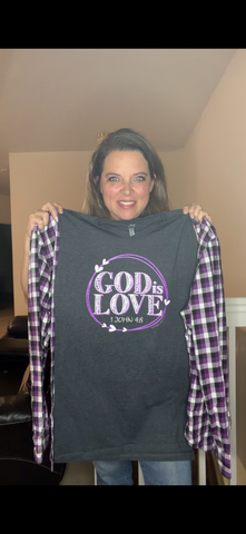 Upcycled God Love - pick size between women's XS/4X – tshirt with flannel sleeves