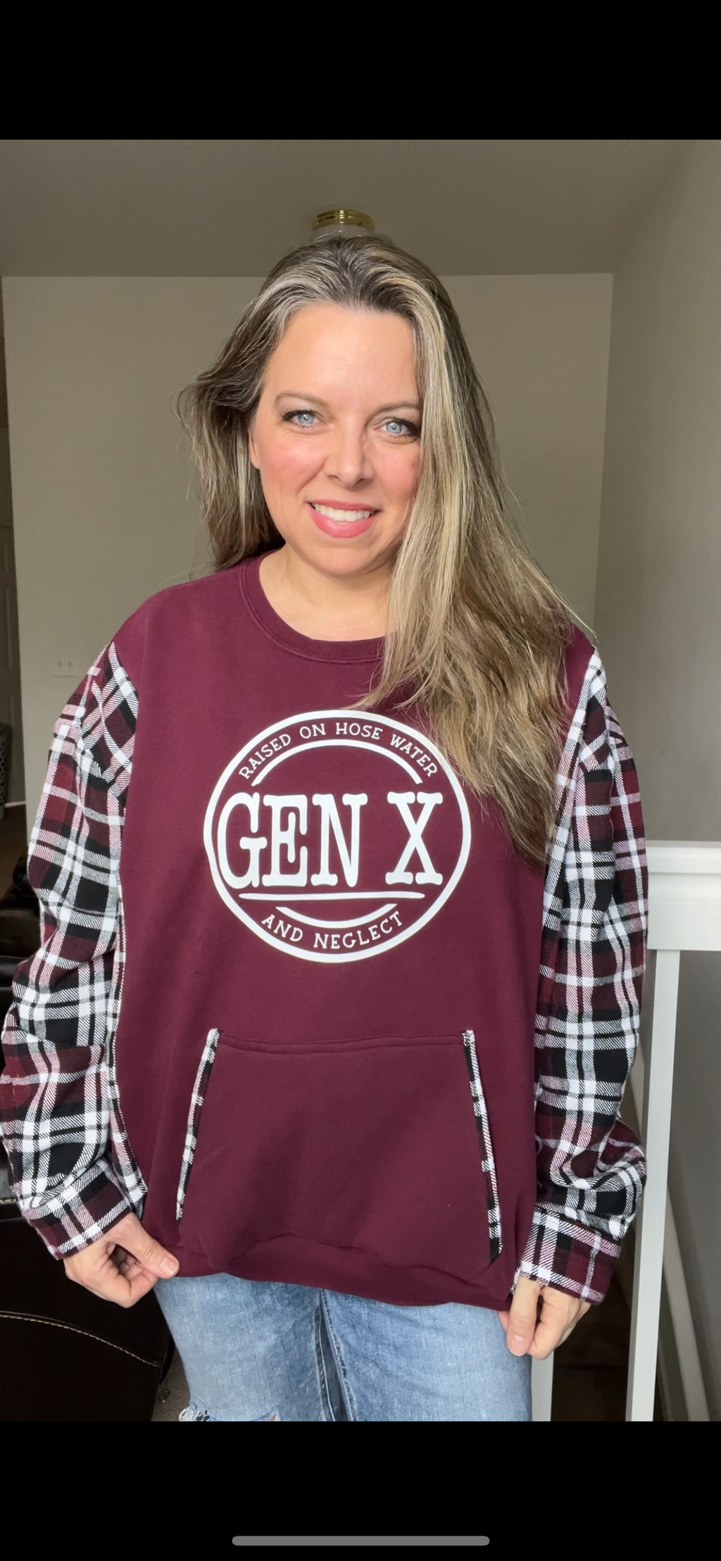 Upcycled Gen X – women’s 2X midweight sweatshirt with thick flannel sleeves