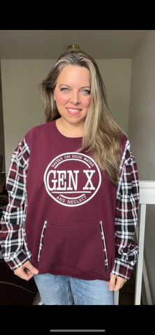 Upcycled Gen X – women’s 2X midweight sweatshirt with thick flannel sleeves