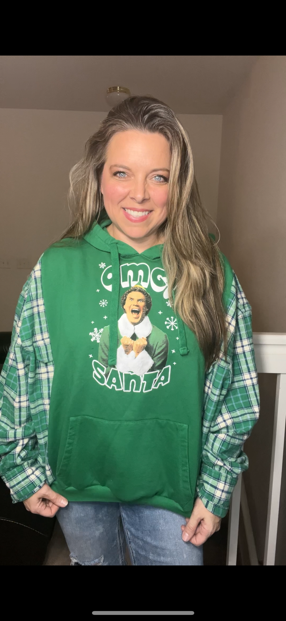 Upcycled Elf – women’s large – midweight sweatshirt with flannel sleeves