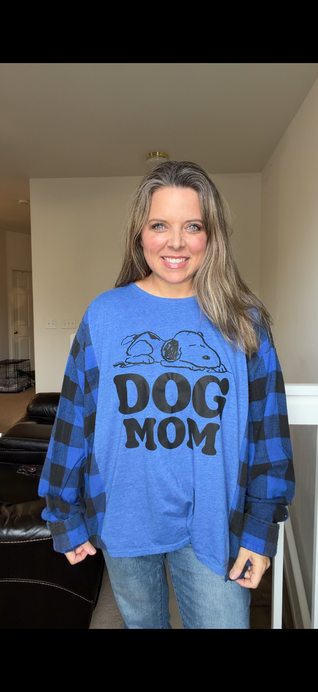 Upcycled Dog Mom - women's 4X T-shirt with flannel sleeves ￼