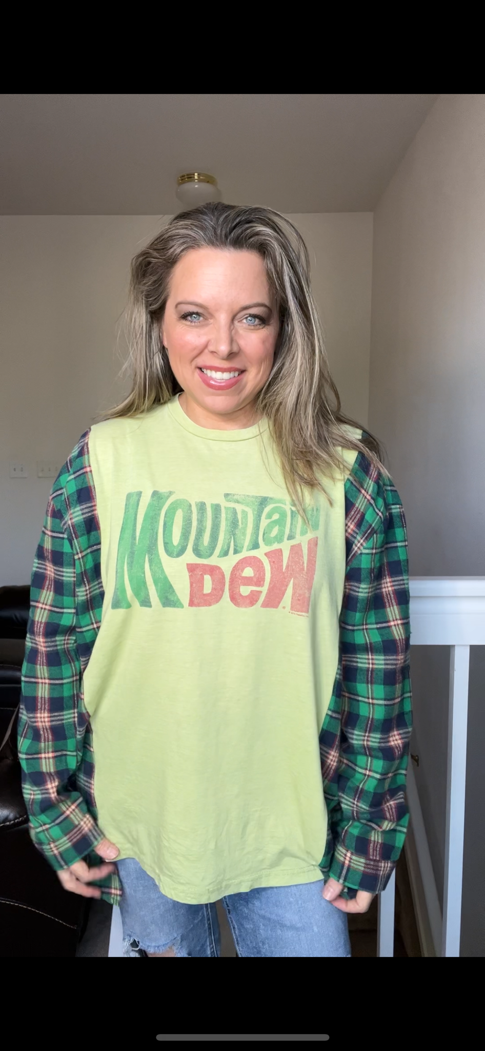 Upcycled Mountain Dew – women’s 2X T-shirt with flannel sleeves