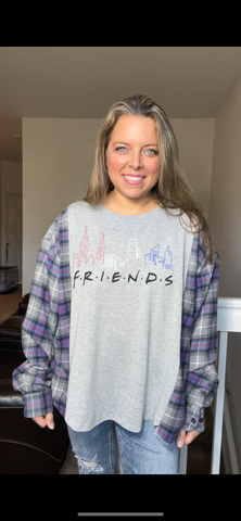 Upcycled Friends – women’s L/XL - thin Tshirt with flannel sleeves￼