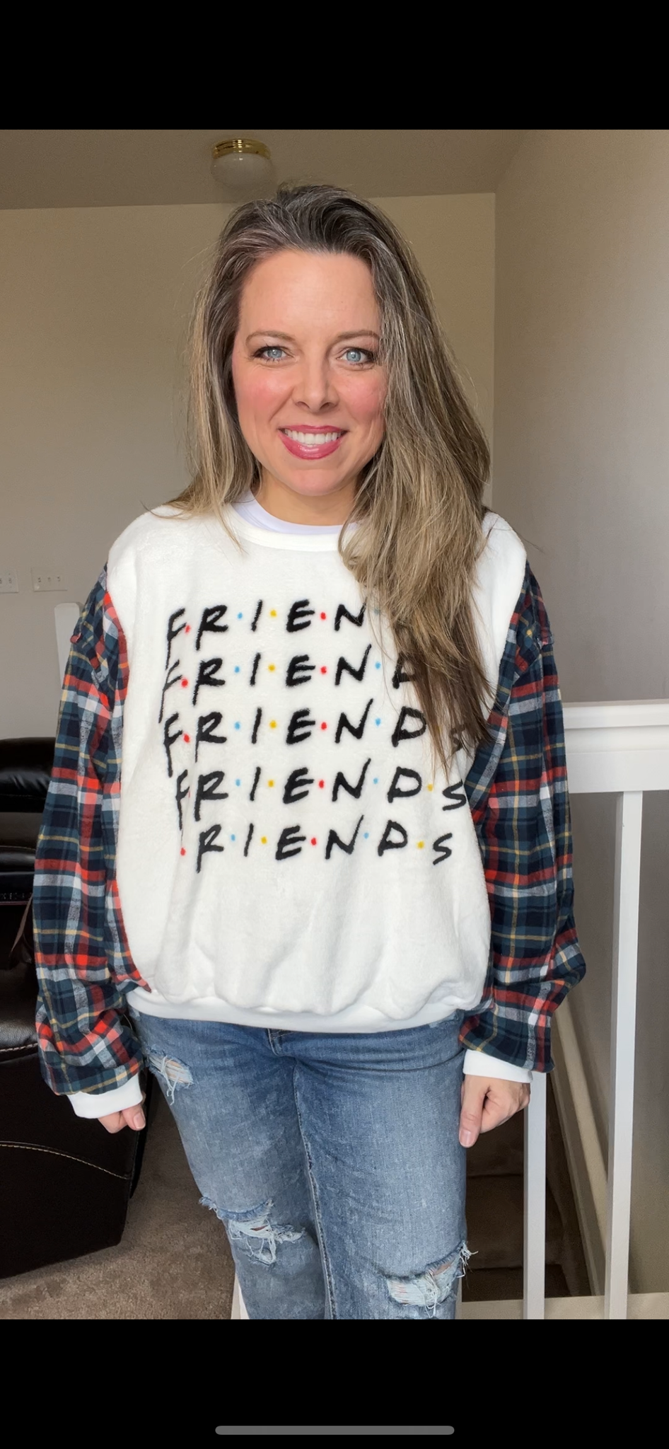 Upcycled Friends - ￼ Women’s S/M – fuzzy sweatshirt with flannel sleeves￼