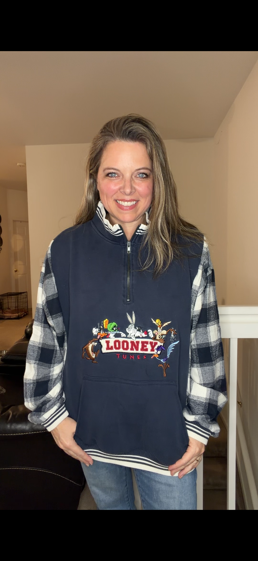 Upcycled Looney Tunes - women's 2X/3X midweight Sweatshirt with flannel sleeves