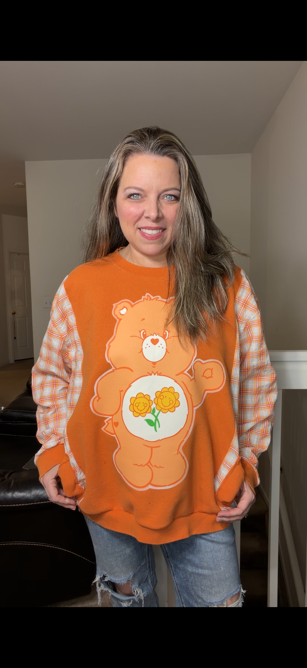 Upcycled Friend Bear - women's large midweight sweatshirt with cotton sleeves ￼