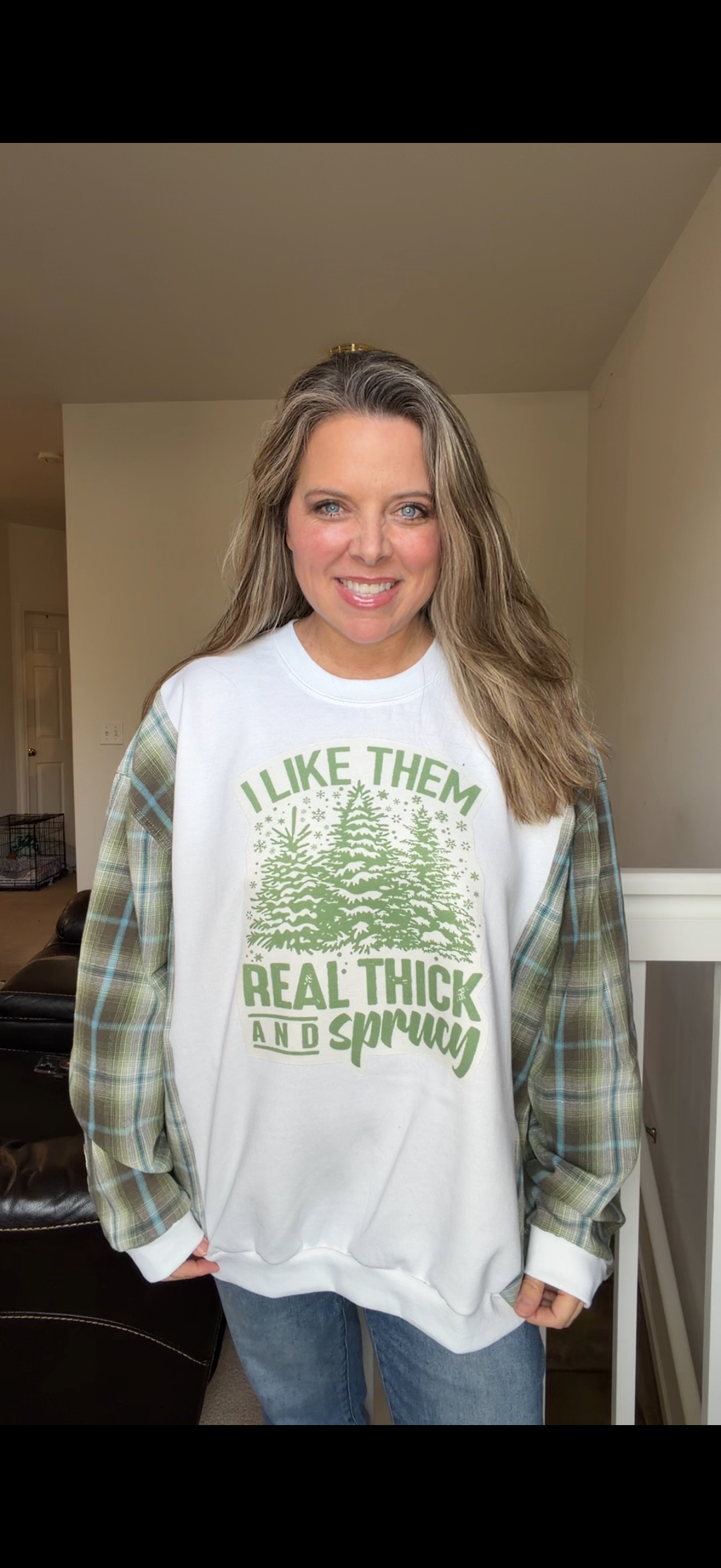 Upcycled Sprucey - women's 3X/4X midweight sweatshirt with flannel sleeves