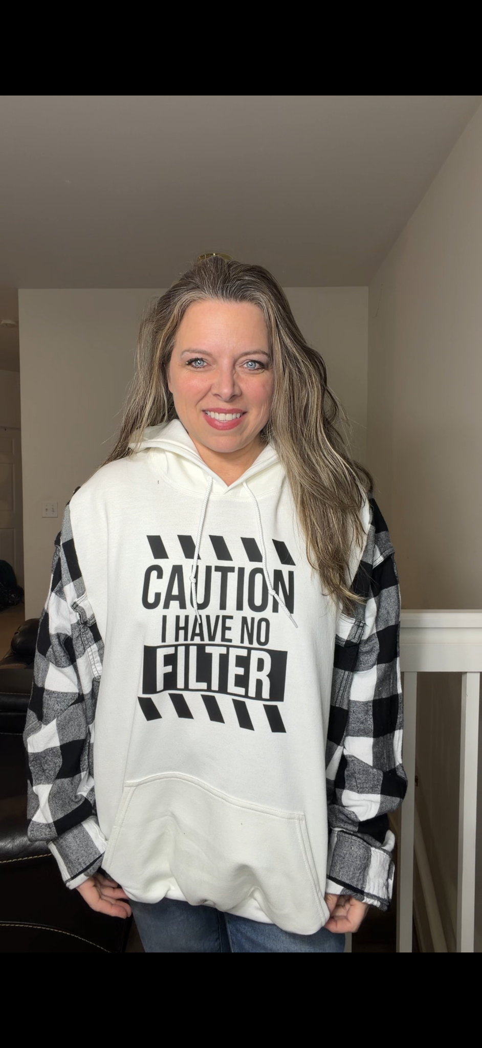 Upcycled Caution - women's 3X midweight sweatshirt with flannel sleeves