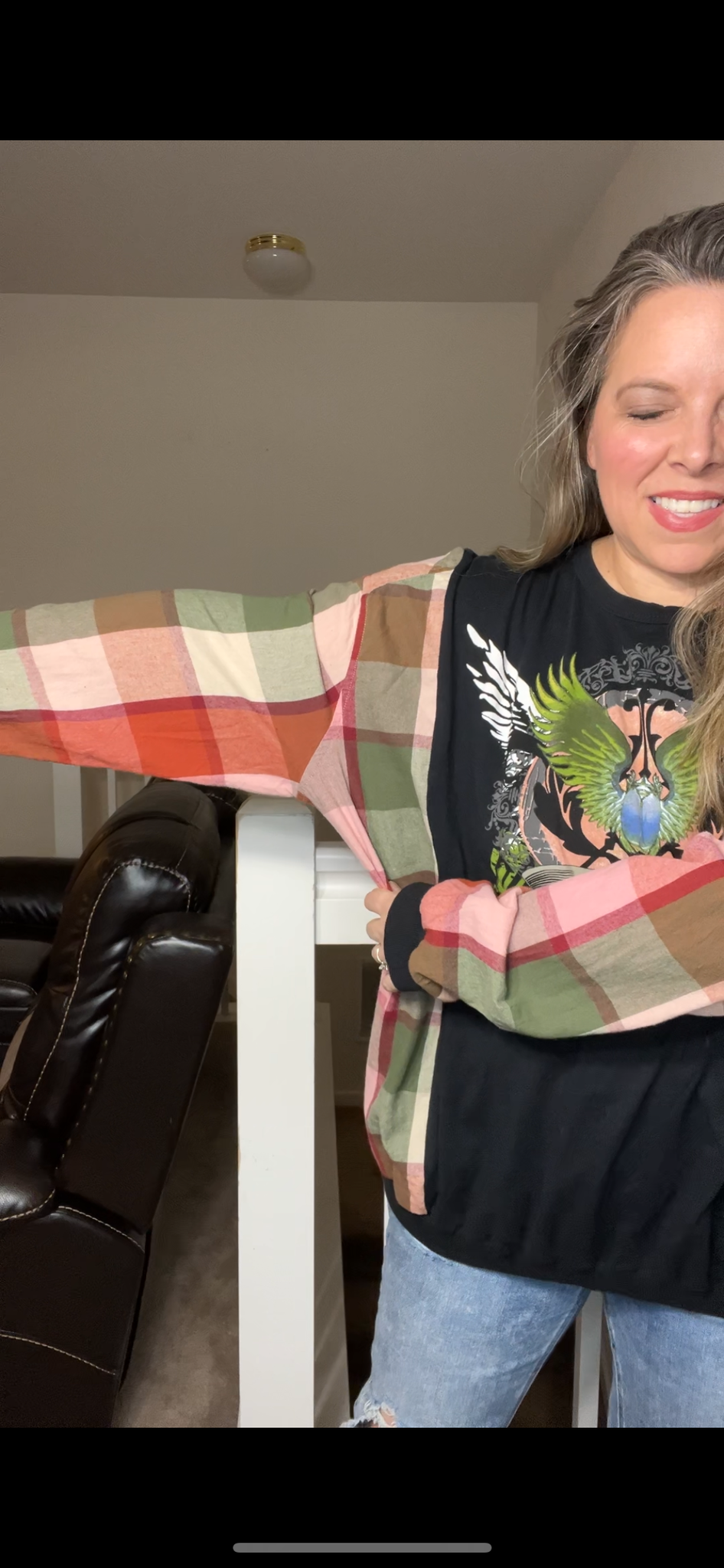 Upcycled Journey – women’s 2X T-shirt with flannel sleeves