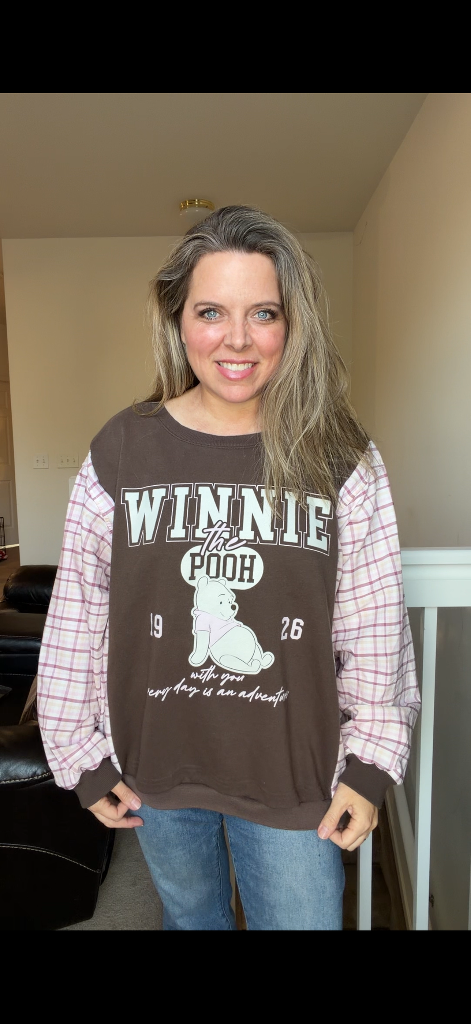 Upcycled Pooh brown - women's 2X French Terry Sweatshirt with flannel sleeves