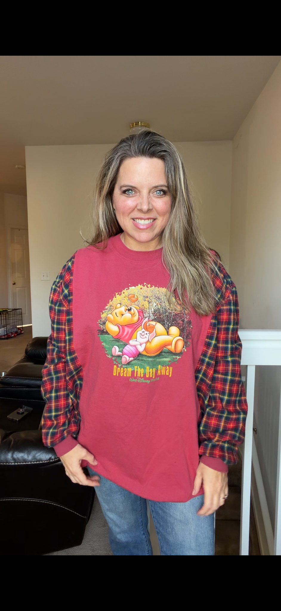 Upcycled Pooh Fall - women's  1X T-shirt with flannel sleeves