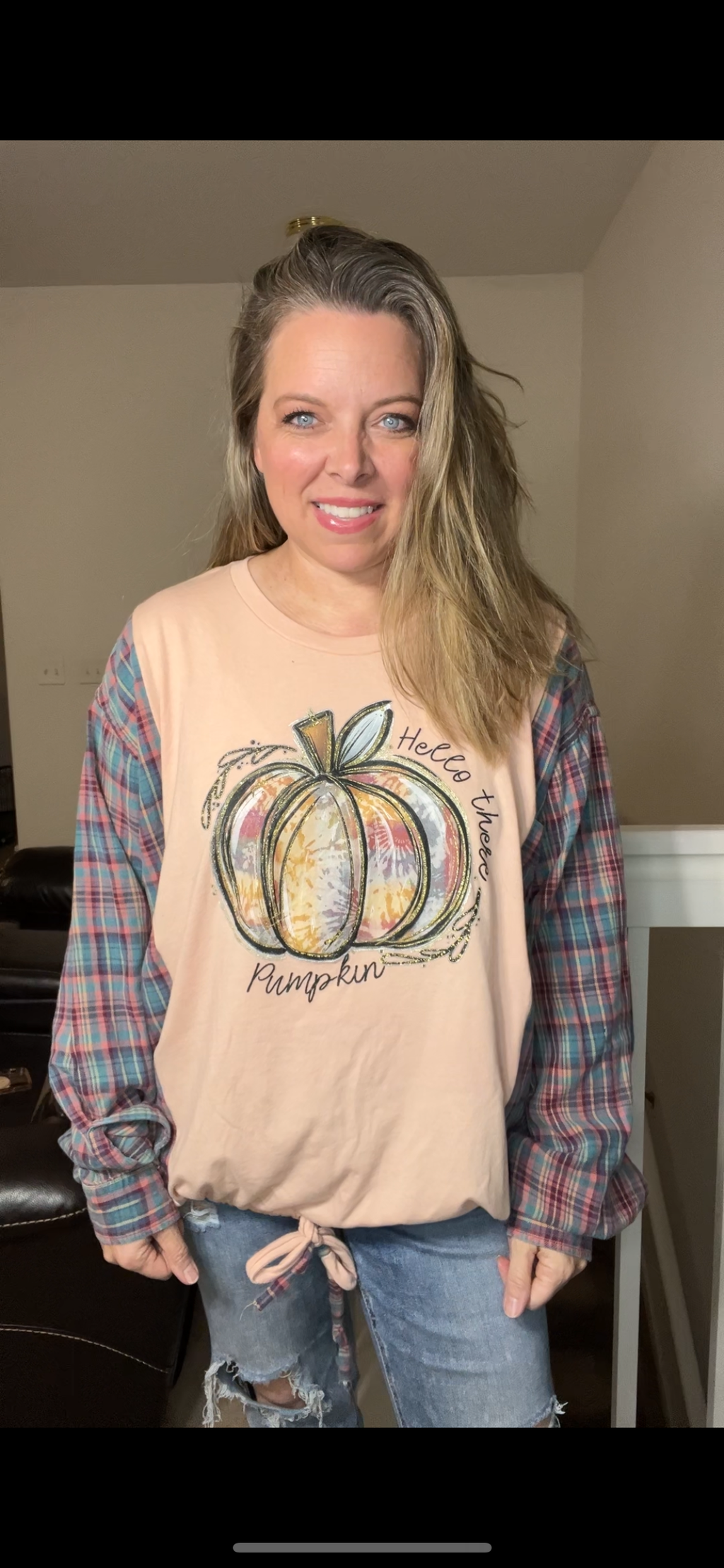 Upcycled Pumpkin – women’s 1X/2X T-shirt with flannel sleeves