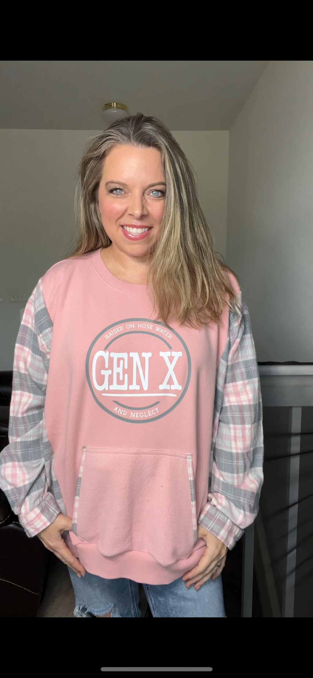 Upcycled Gen X pink – women’s 4X midweight sweatshirt with flannel sleeves