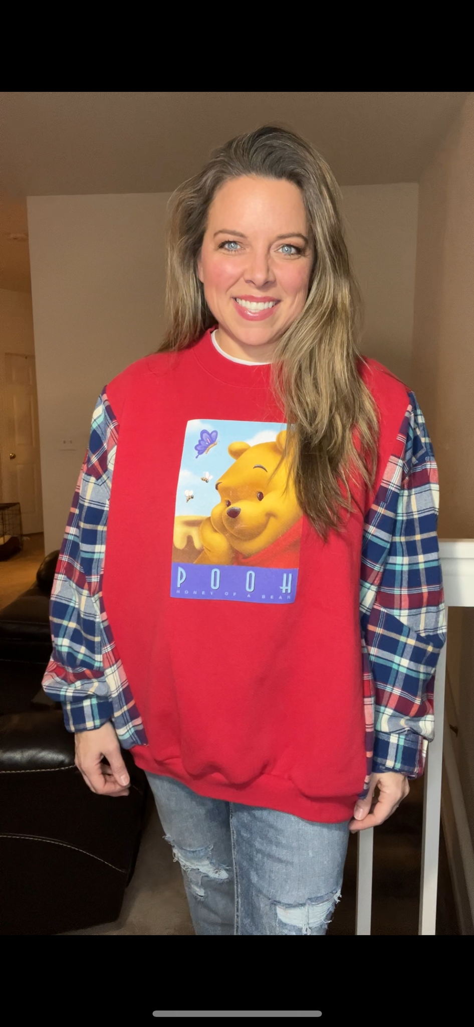 Upcycled Red Pooh – women’s 1X – Midweight sweatshirt with flannel sleeves￼