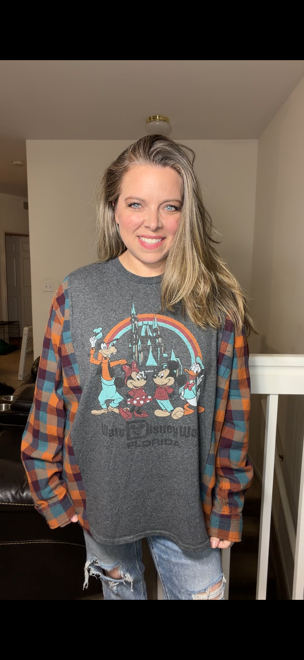 Upcycled Disney - women's 3X T-shirt with flannel sleeves ￼