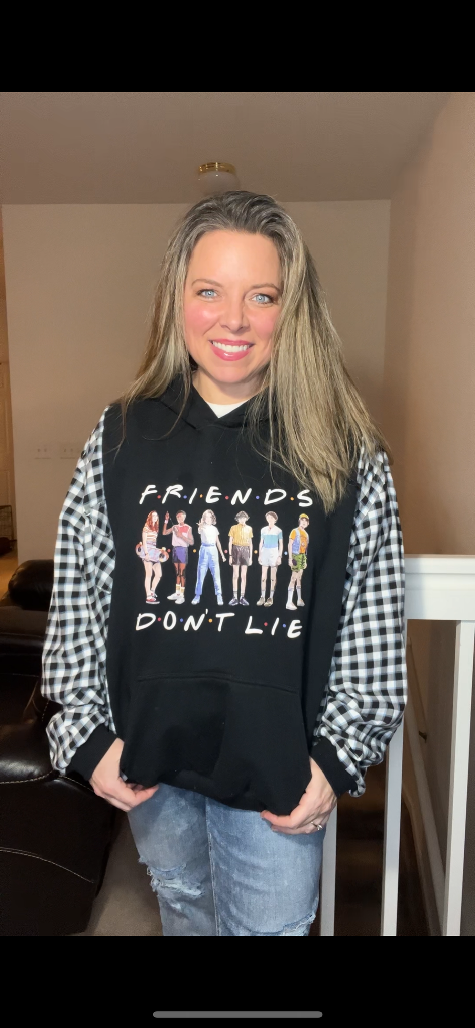 Upcycled Stranger Things￼/Friends - Women’s XL/1X – midweight sweatshirt with thin flannel sleeves￼
