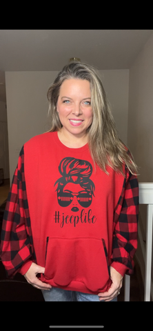 Upcycled Jeep – women’s 2X – midweight sweatshirt with flannel sleeves￼