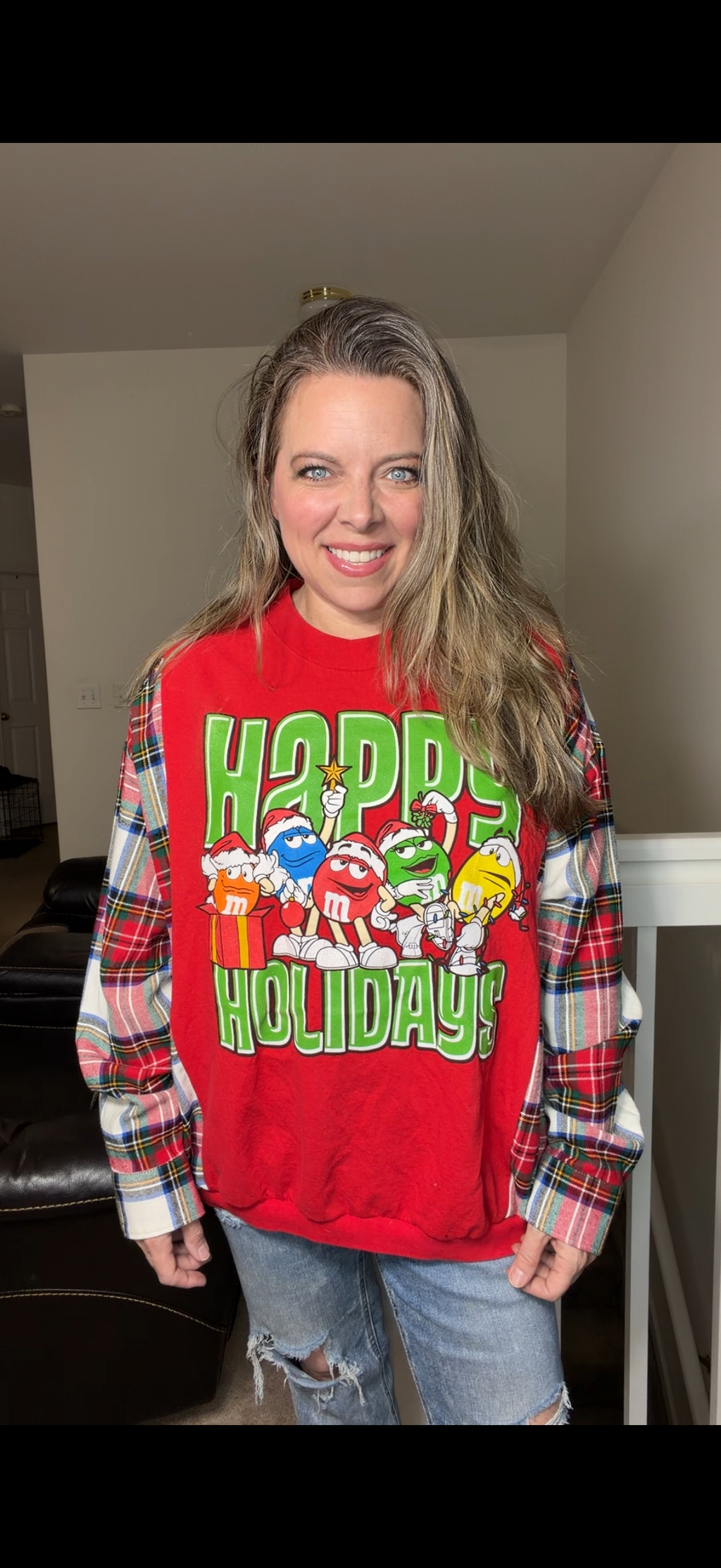 Upcycled M&M - women's 2X T-shirt with flannel sleeves ￼