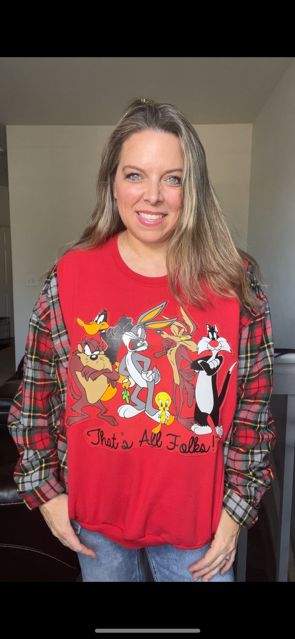 Upcycled Looney - Women’s 1X midweight sweatshirt with flannel sleeves