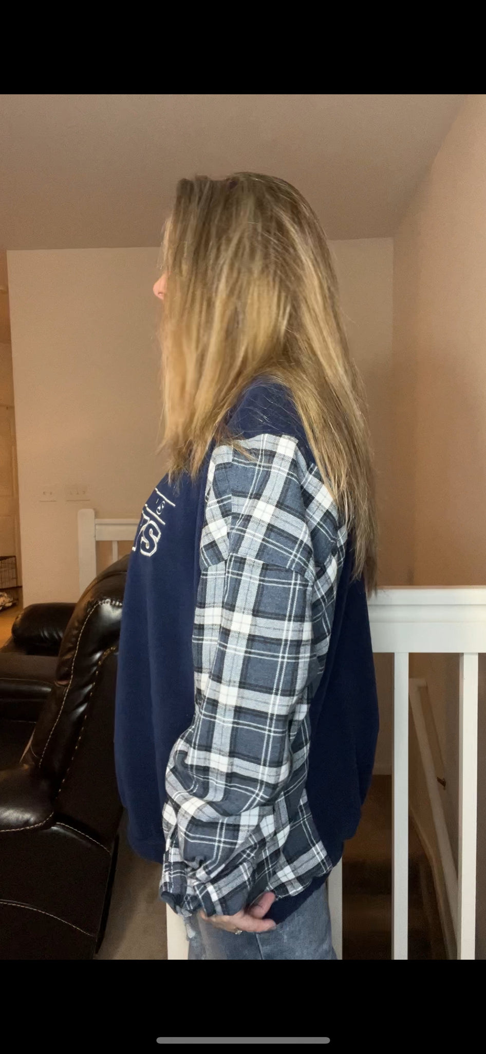 Upcycled Cowboys – women’s 1X – fuzzy sweatshirt with flannel sleeves ￼