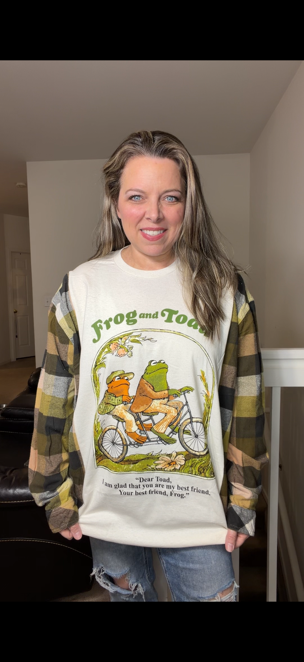 Upcycled Frog and Toad – women's 2X T-shirt with flannel sleeves