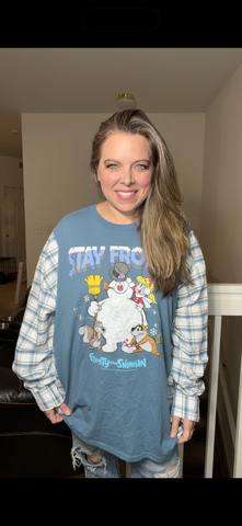 Upcycled Frosty – women's 4X T-shirt with flannel sleeves