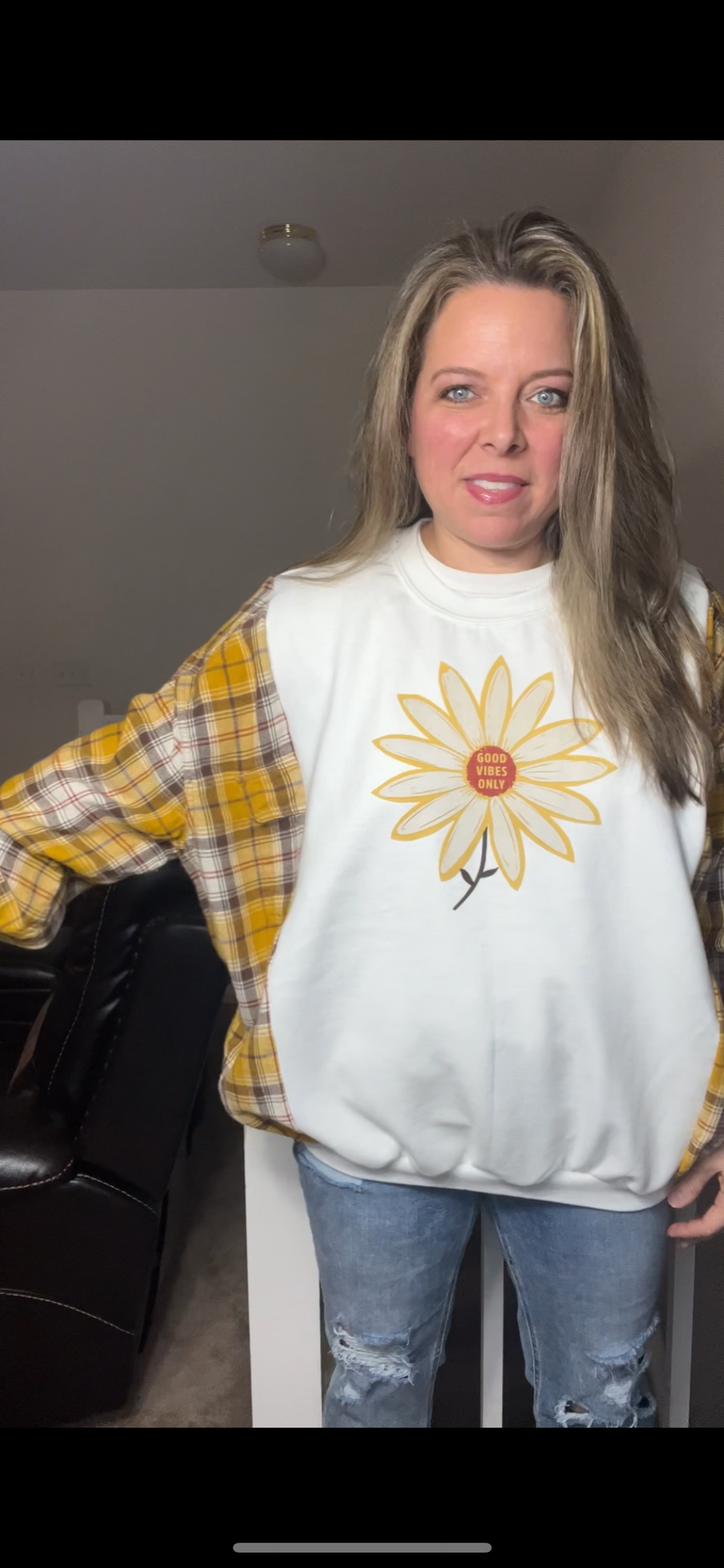 Upcycled Good Vibes - woman’s XL – midweight sweatshirt with flannel sleeves