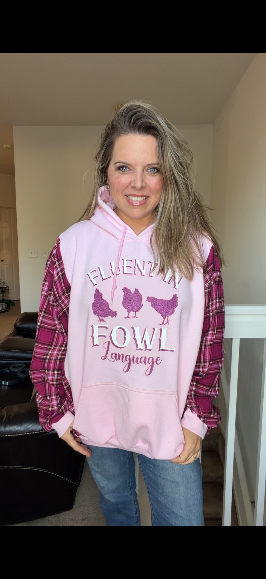 Upcycled Fowl Language - women's 3X/4X midweight Sweatshirt with flannel sleeves