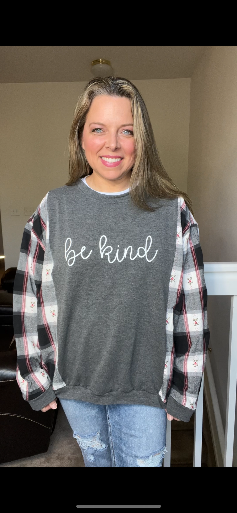 Upcycled Be Kind - women’s L/XL thin sweatshirt with flannel sleeves￼