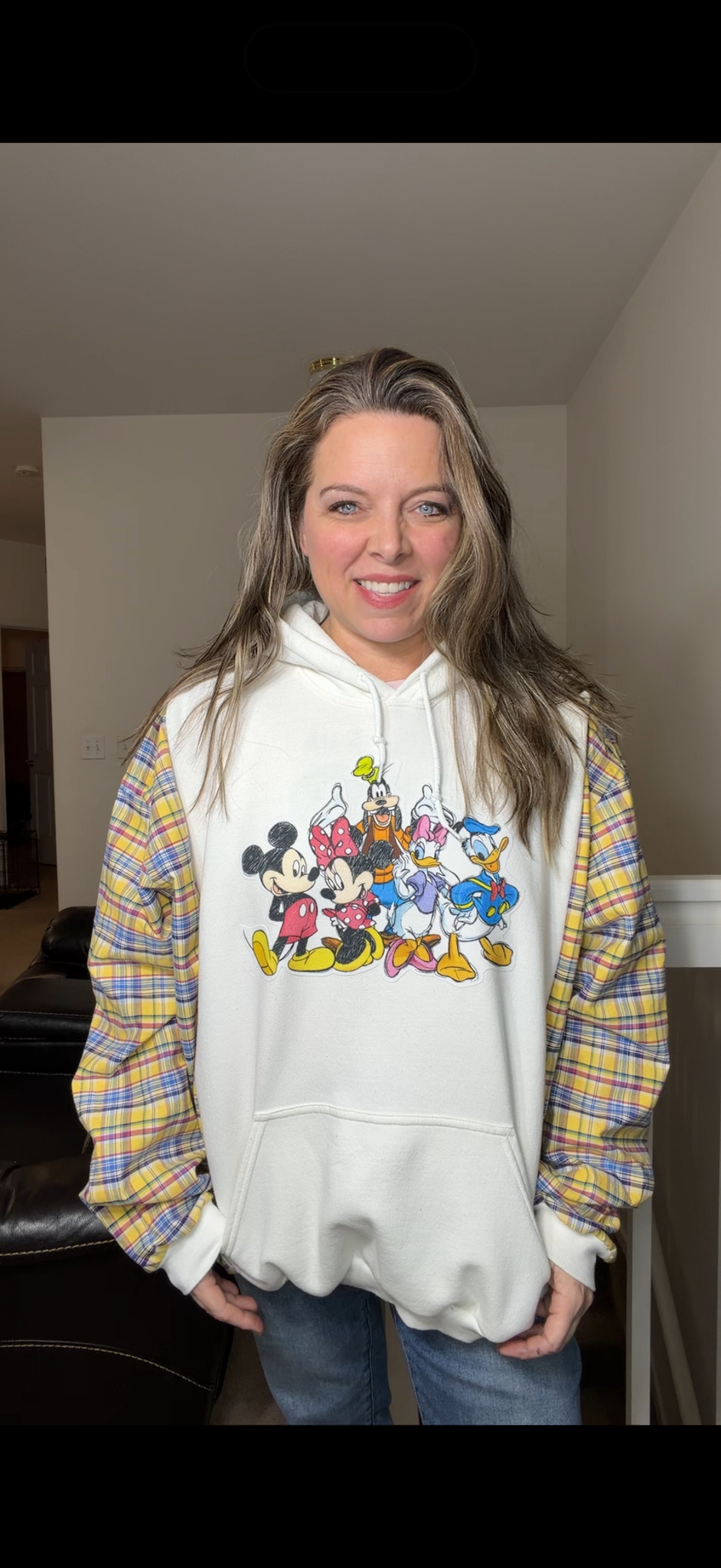 Upcycled Disney - women's 2X midweight sweatshirt with flannel sleeves
