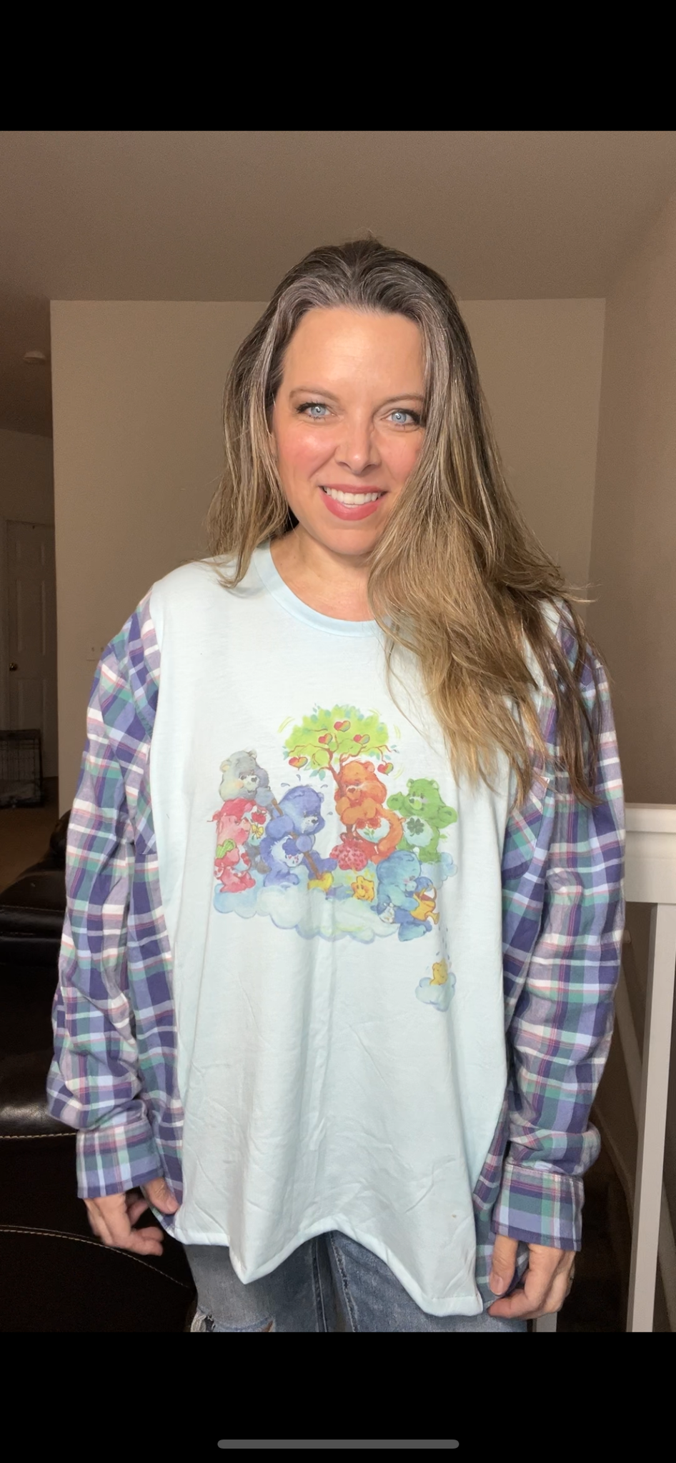 Upcycled Carebear – women’s 1X/2X thin T-shirt with flannel sleeves
