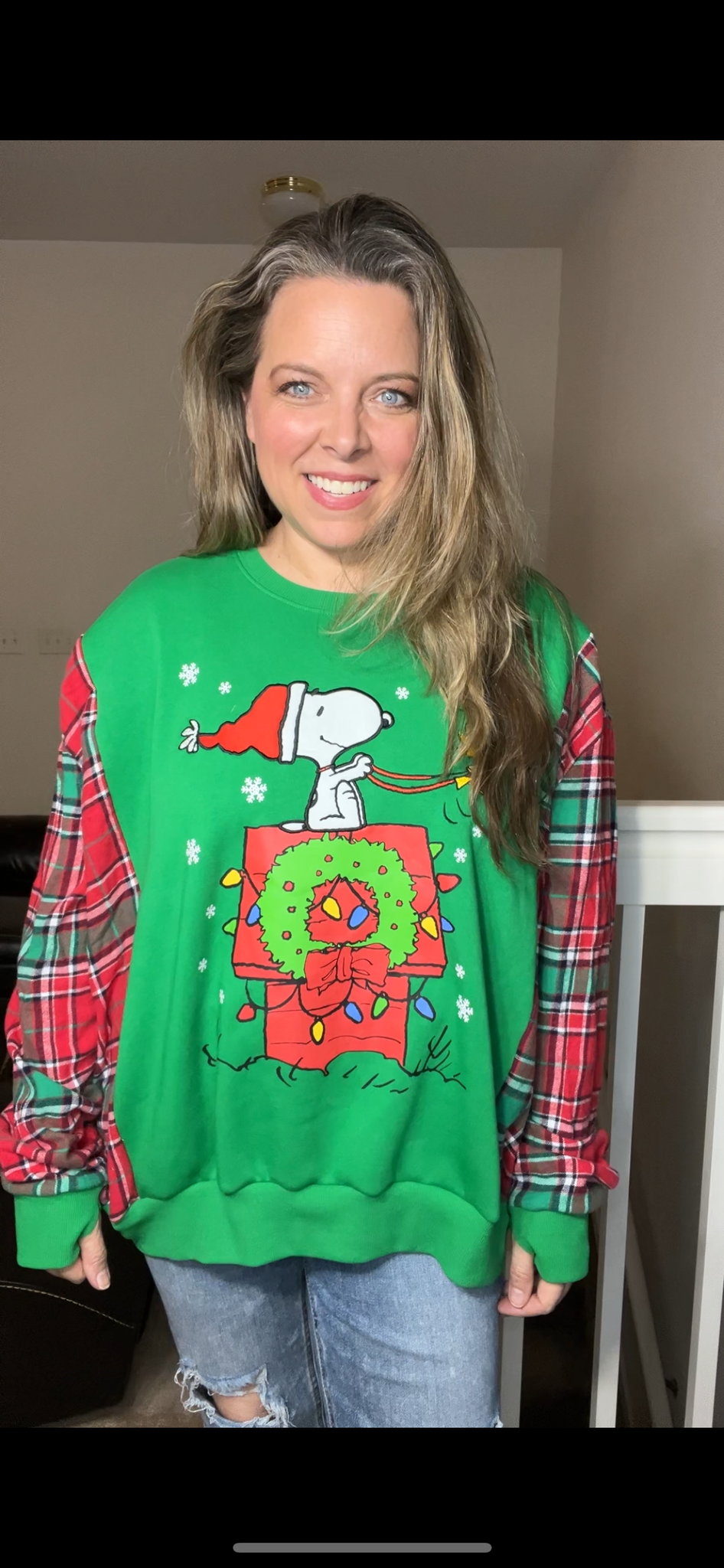 Upcycled Snoopy – women’s XL/1X – midweight sweatshirt with flannel sleeves - sleeves are slightly more fitted