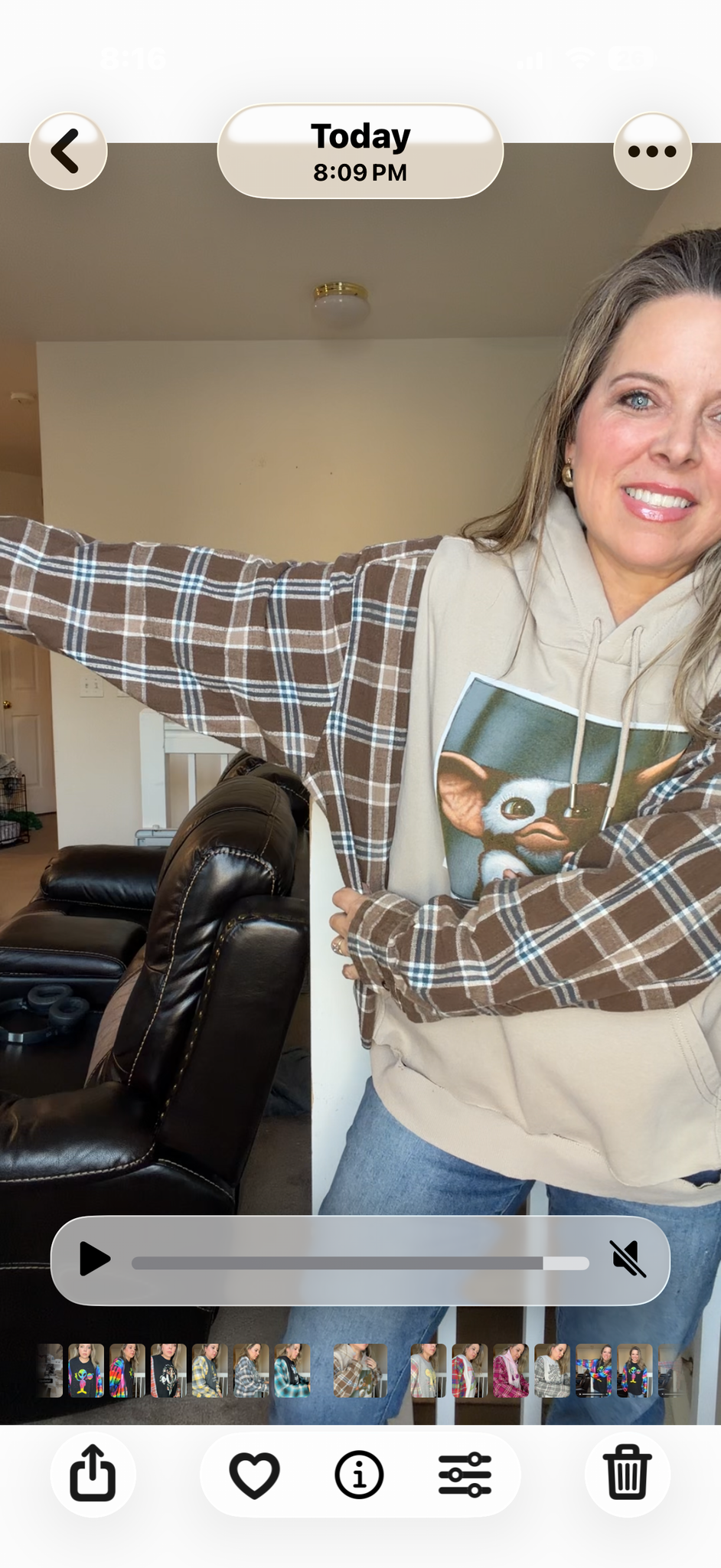 Upcycled Gizmo - women's large midweight sweatshirt with flannel sleeves