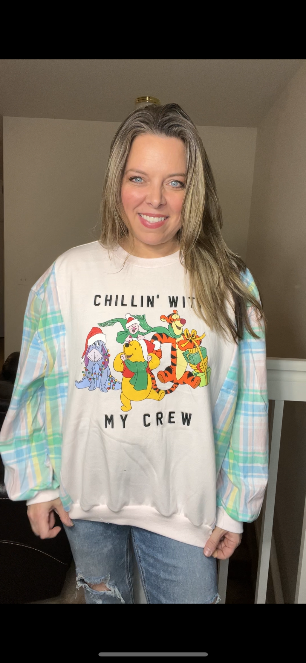 Upcycled Pooh – women’s medium/large – midweight sweatshirt with flannel sleeves