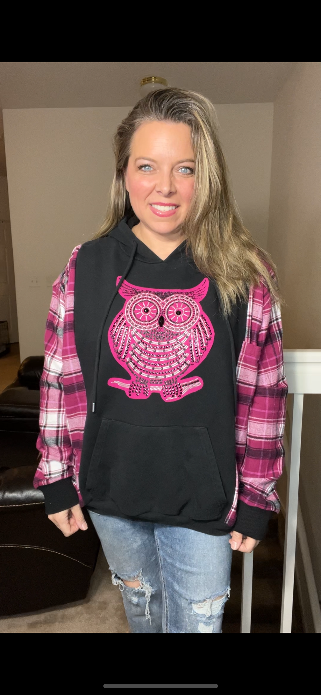 Upcycled Owl - woman’s XL- midweight sweatshirt with flannel sleeves￼